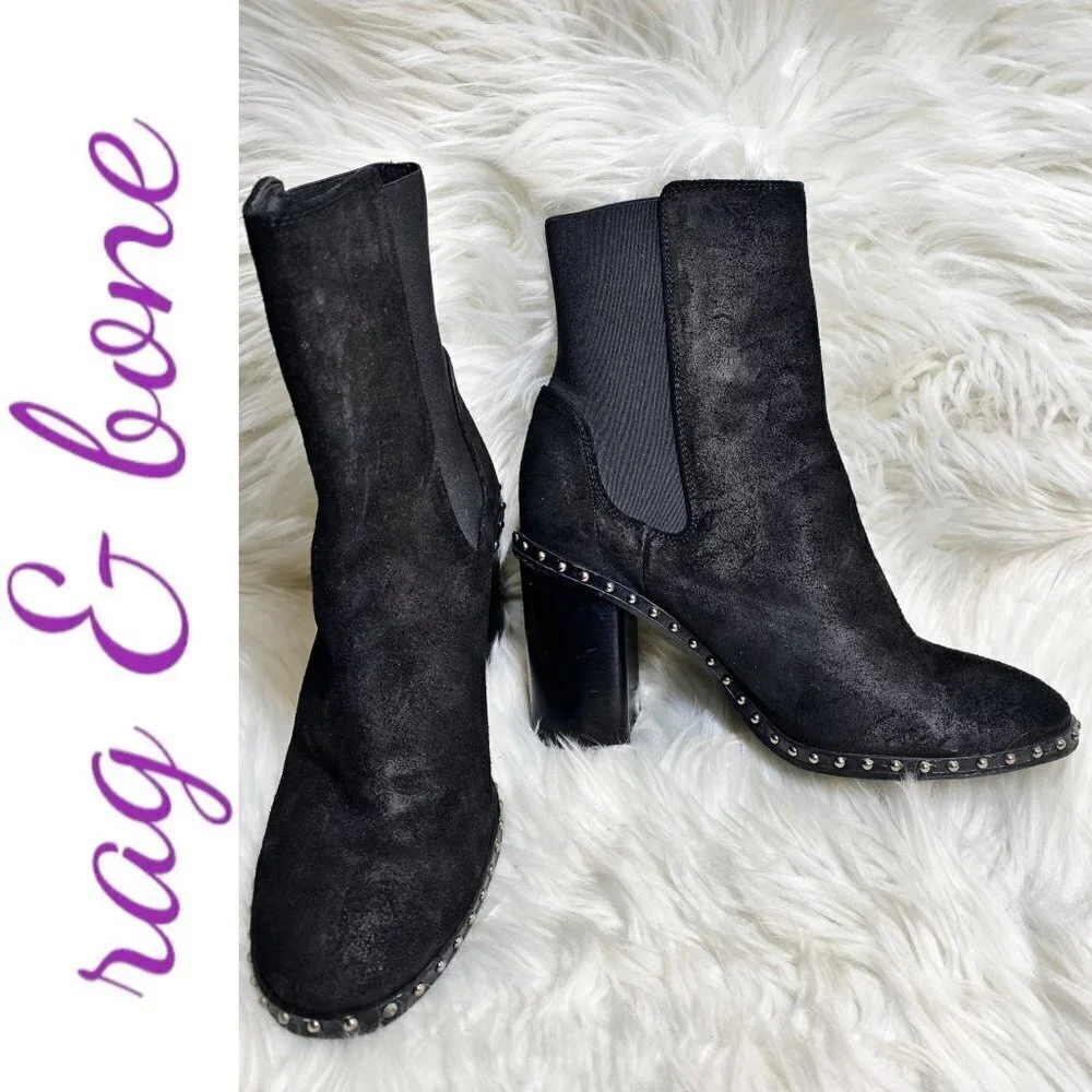 RAG & BONE‎ Romi Black Suede Chelsea Silver Stud Block Heel Bootie, Size 36